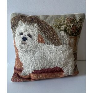 Vintage Wool Needlepoint Embroidered White WESTIE DOG THROW PILLOW Handmade 13"